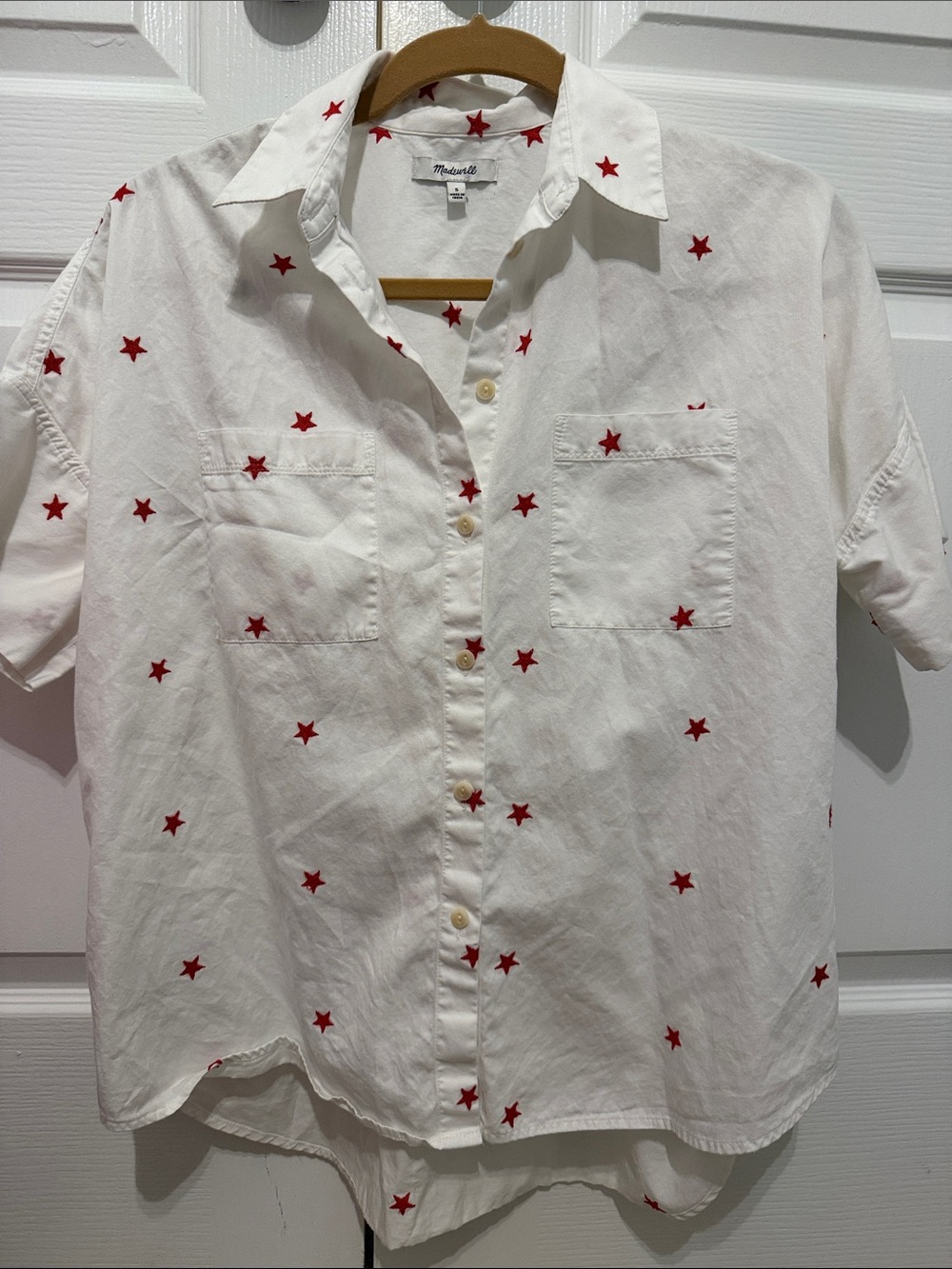 Madewell Star Embroidered Courier Button Front Top Women's Small White Red